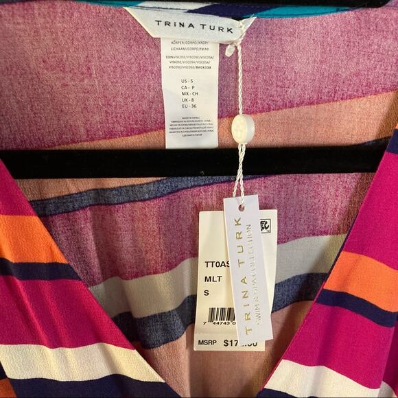 Trina Turk dress Small colorful midi Flutter sleeve striped v neck tropical NWT - Picture 8 of 8